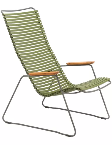 CLICK Lounge Chair with Olive green lamellas. Powder coated grey metal Armrests in bamboo.